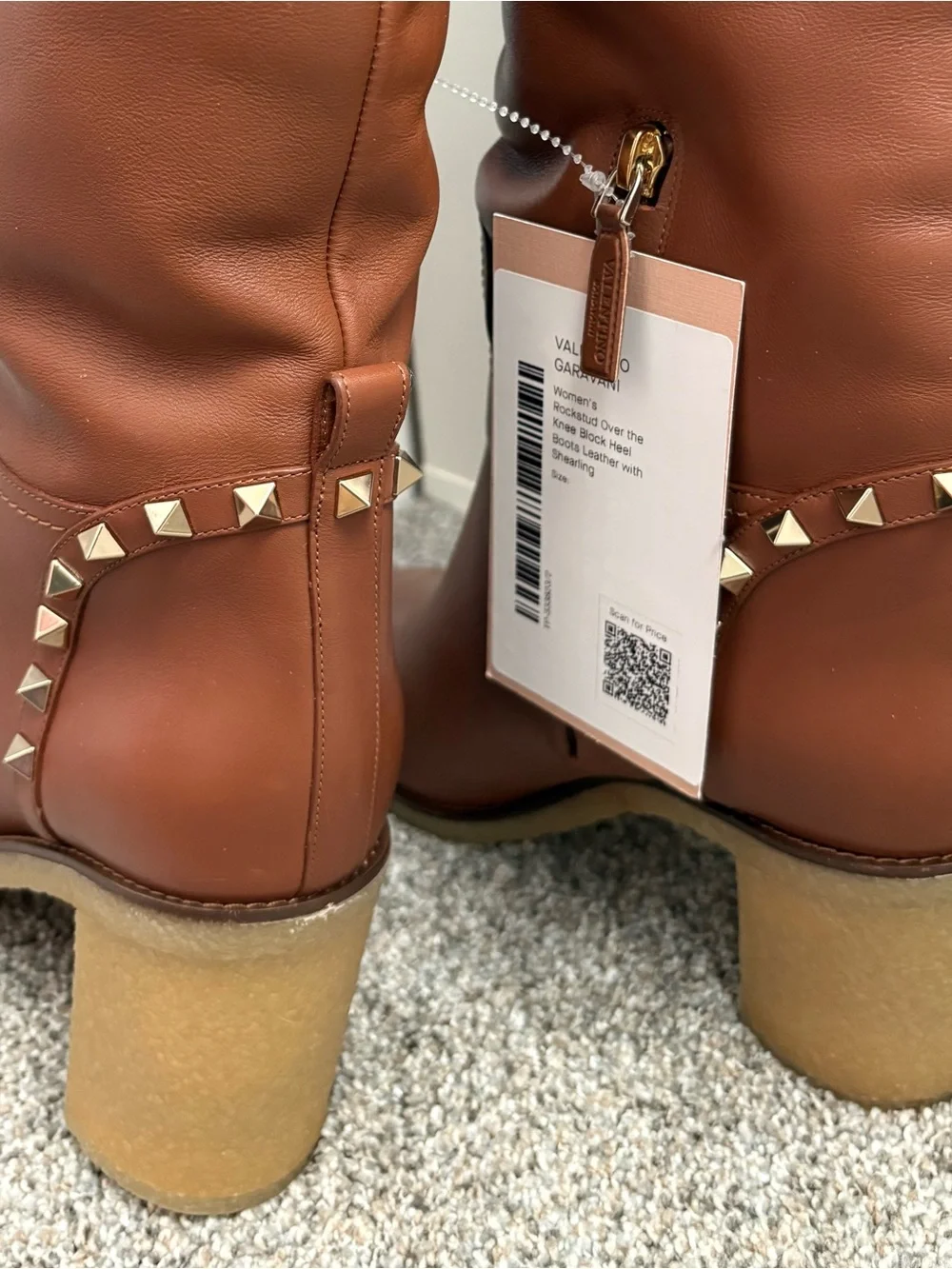 Valentino Garavani Cognac Studded Over-the-Knee Leather & Shearling Boots